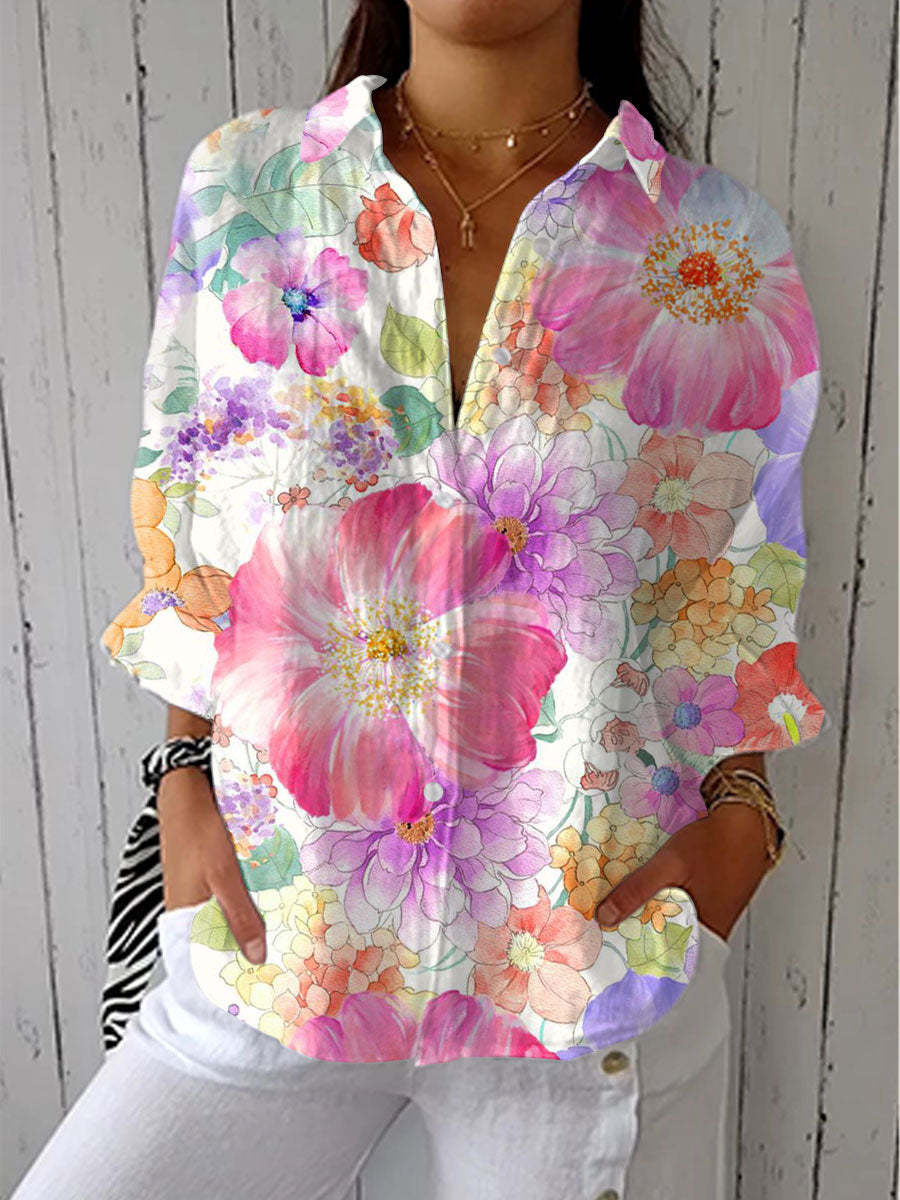 Women's Vintage Abstract Floral Art Print Linen V-Neck Shirt