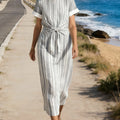 Women's Round Neck Striped Pleated Short-Sleeved Dress With Tie Detail