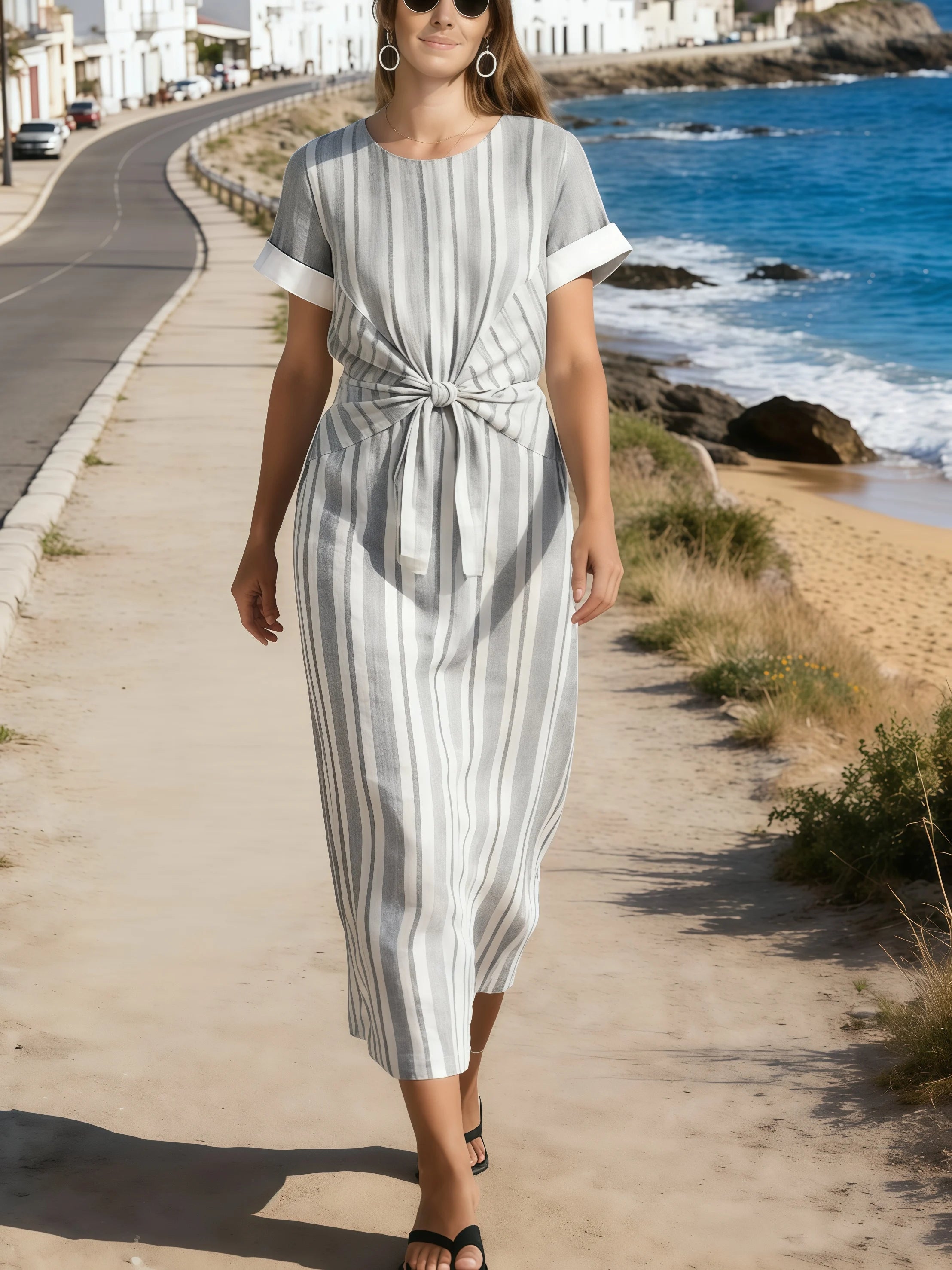 Women's Round Neck Striped Pleated Short-Sleeved Dress With Tie Detail