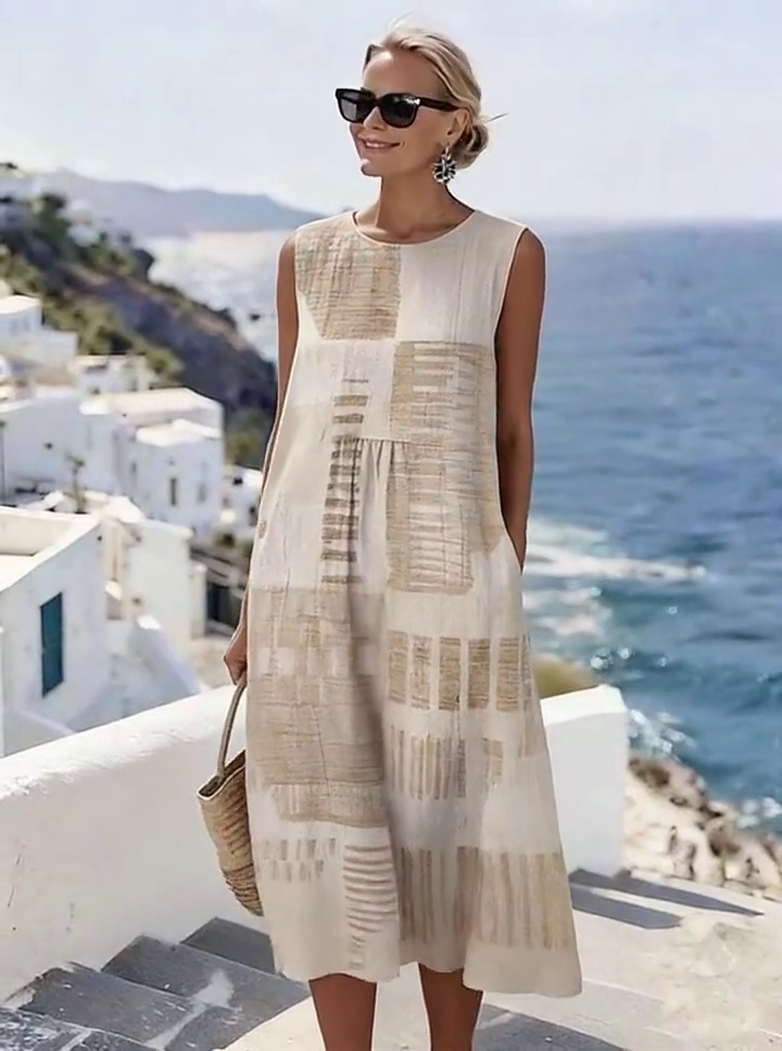 Women'S Round Neck Sleeveless Color-Block Printed Dress