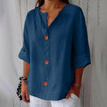 Women's V-Neck Cotton-Linen Button-Up Top