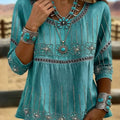 Vintage Floral Art Print Casual 3/4 Sleeves Hollow Denim Shirt