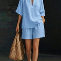💝💝Women's Minimalist Cozy V-neck Shirt And Shorts Linen Cotton Two-piece Set