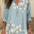 Summer Small V-neck Long-sleeved Floral Print Simple Casual Elegant T-shirt