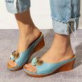 🔥2025 Hot Sale New Arrival🔥Womens Comfy Leather Solid Flower Strap Wedge Sandals