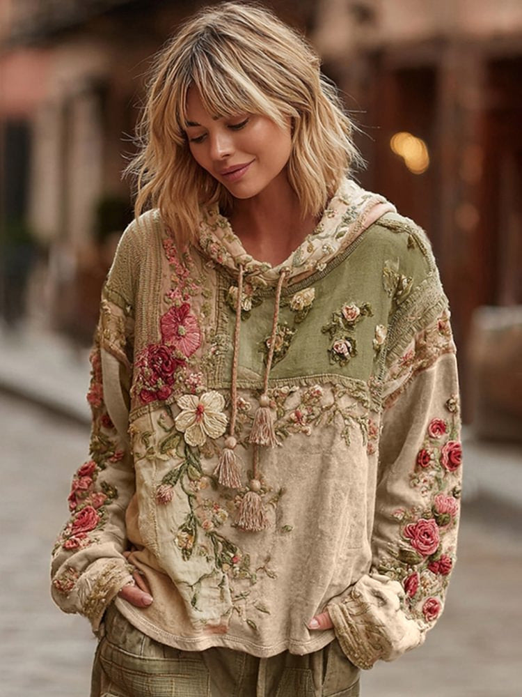 Women's Vintage Floral Patchwork Color Block Hoodie