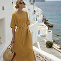 Women'S Casual Round-Neck Cotton And Linen Dress With Split Hem