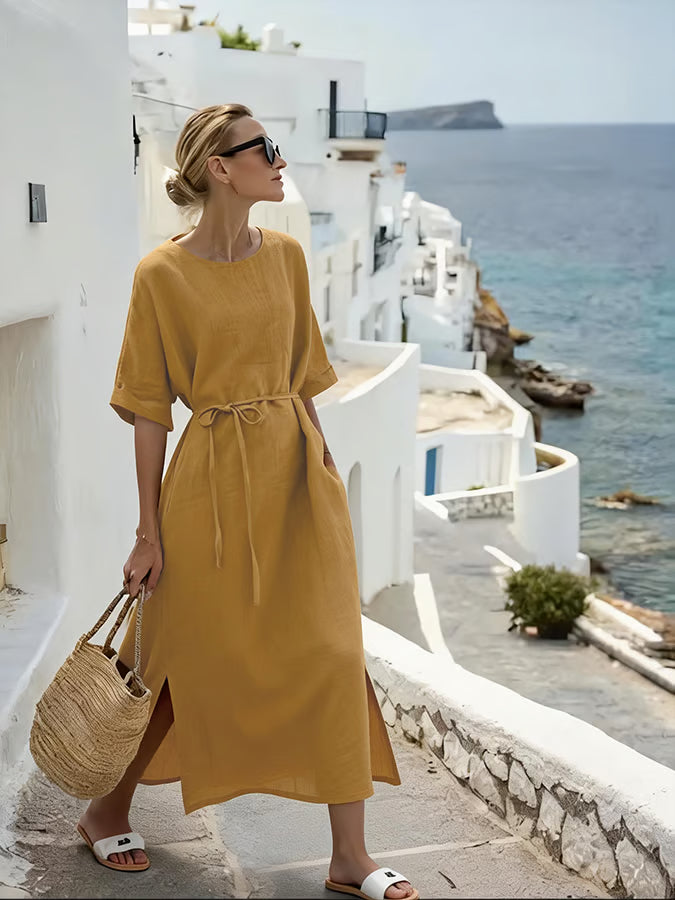 Women'S Casual Round-Neck Cotton And Linen Dress With Split Hem