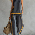 Women's Round Neck Sleeveless Casual Loose Top And High-waisted Loose Wide-leg Pants Cotton And Linen Set.